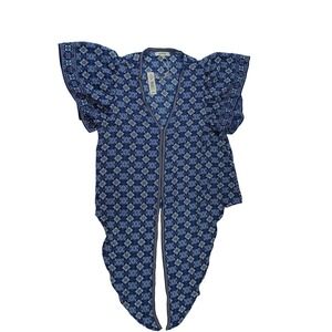 Max‎ Studio Blouse Tie Front Blue Patterned Ruffle Sleeve Size M Pull Over